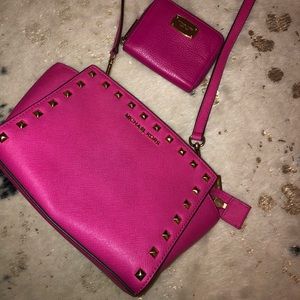 EUC Gold Studded Hot Pink Michael Kors Satchel and Matching Wallet